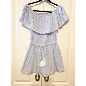Elan striped tie waist Ruffle off shoulder Romper